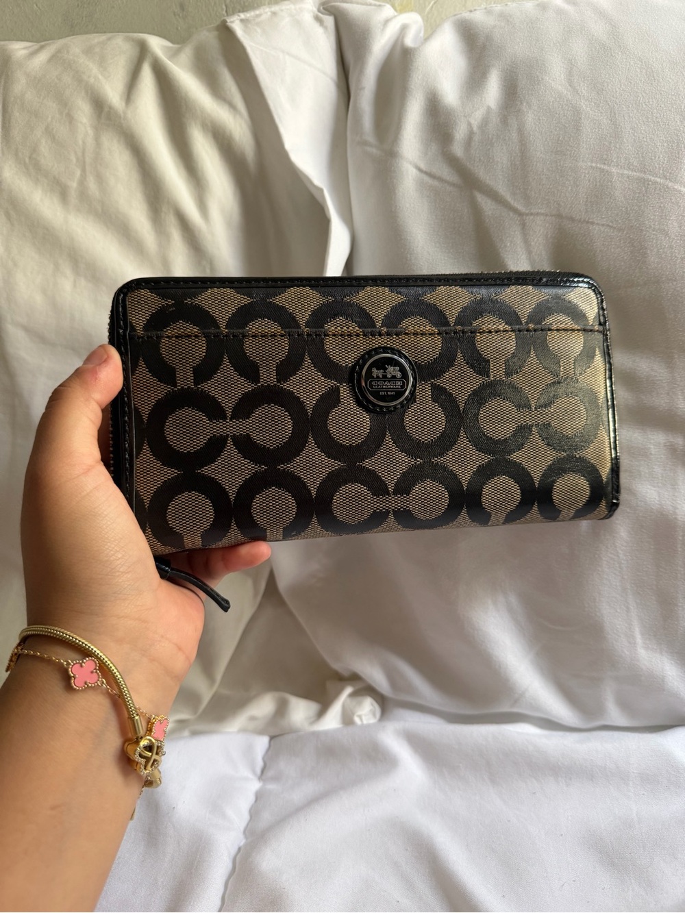Coach Black and Tan Signature Zip Wallet